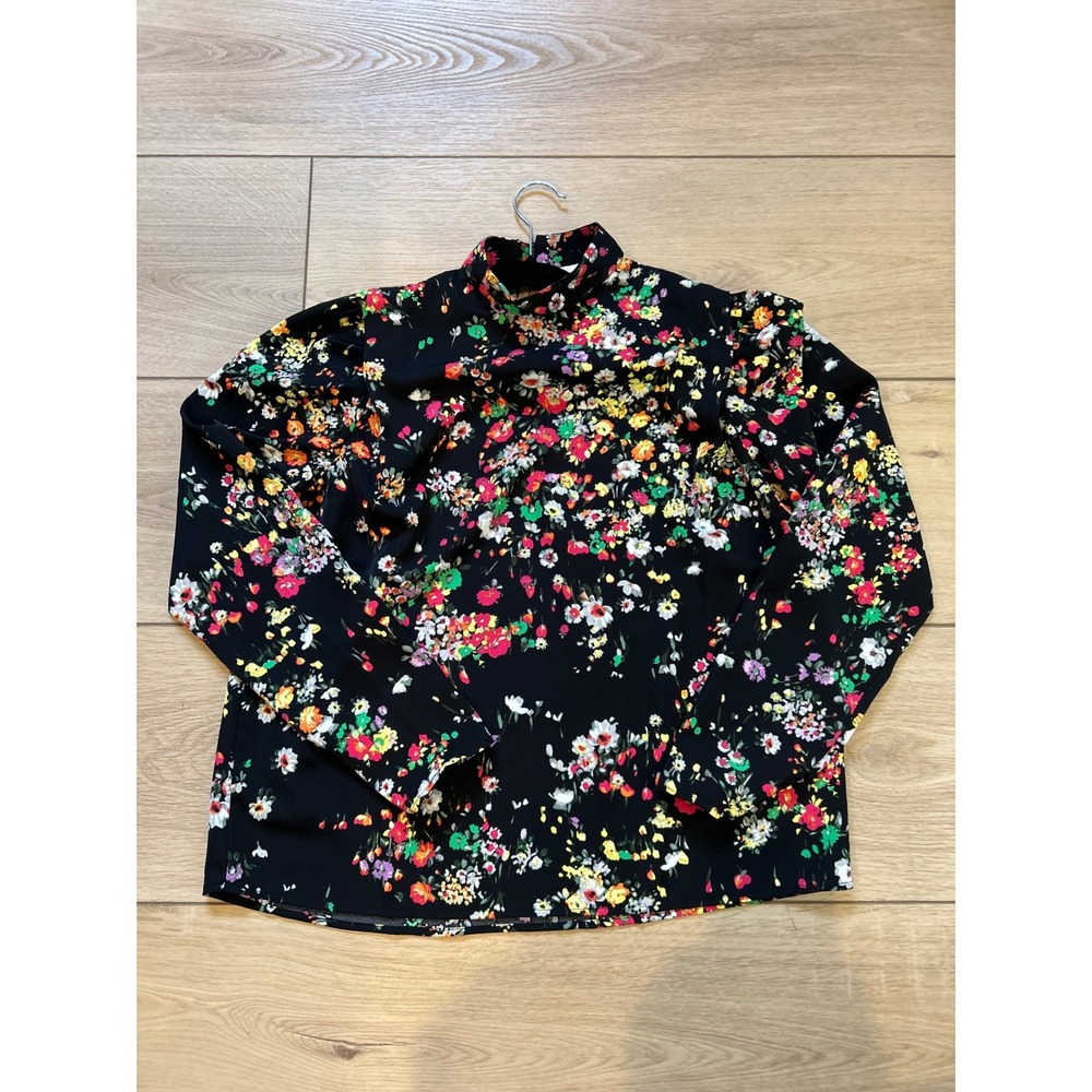 HM Womens Floral‎ Mock Neck Blouse Black Multi Color Long Sleeve Top XS
